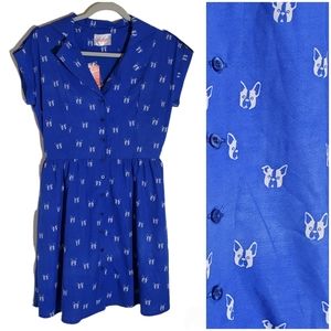 Cute French Bull Dog Novelty Print Dress Blue Size S